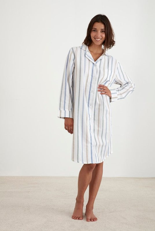 Luxury multi-colour striped cotton nightshirt with long sleeves, knee length, ethically made by BAKSANA in Turkey.