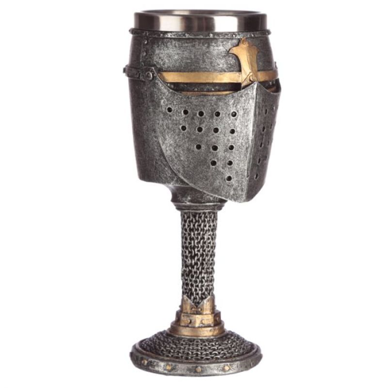 Decorative 19cm goblet shaped like a medieval helmet, featuring intricate chain mail texture for collectors and history lovers.