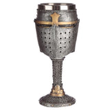 Decorative medieval helmet goblet with intricate chain mail, 19cm tall, perfect for collectors and home decor enthusiasts.