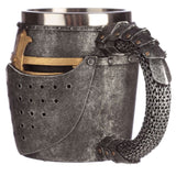 Decorative tankard shaped like a medieval helmet with chain mail, ideal for drinking or display, 16.5 cm tall.