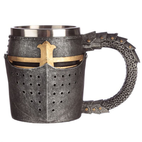 Decorative tankard shaped like a medieval helmet with chain mail, perfect for drinks or as a unique decor piece.