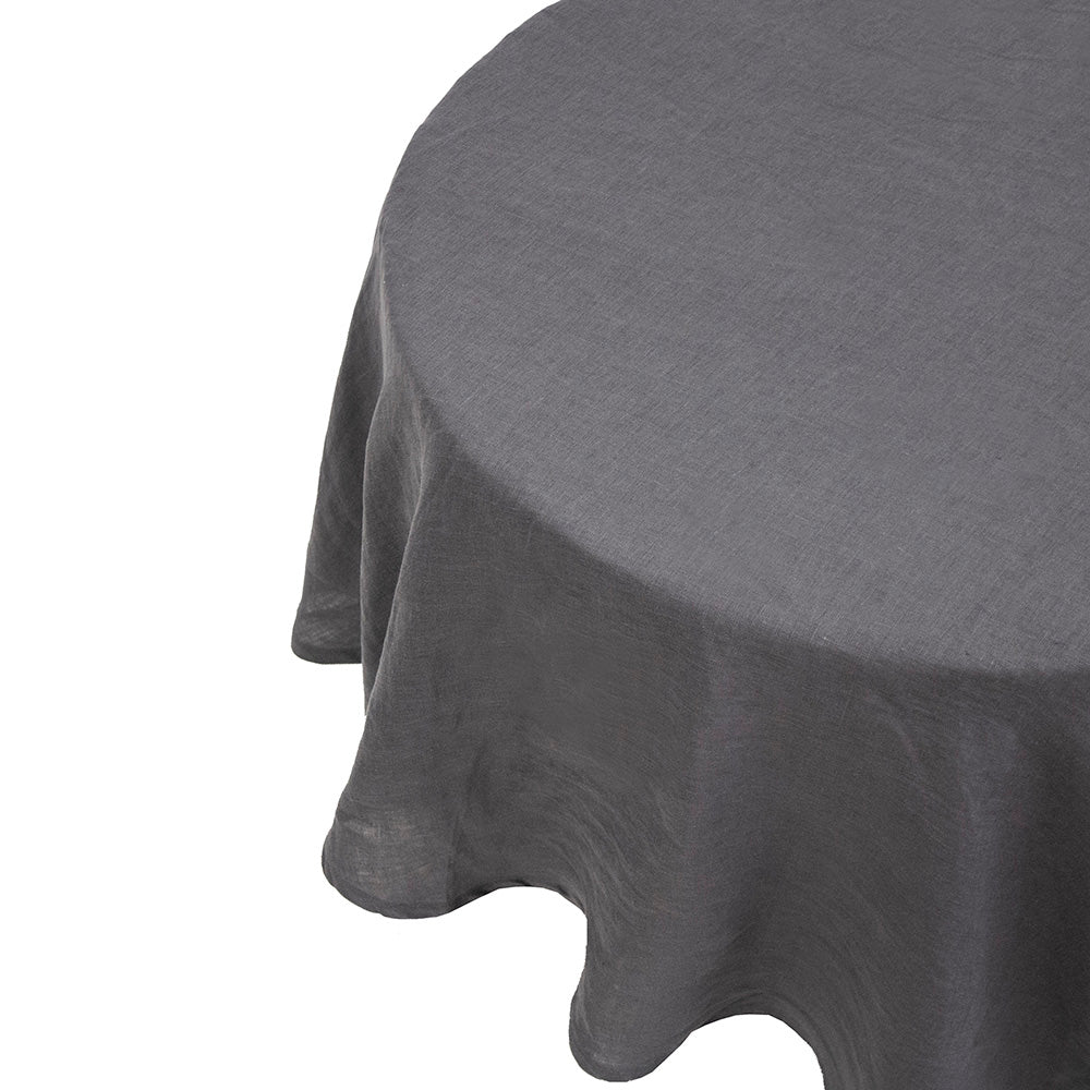 Linen round tablecloth in charcoal, 228cm diameter, made from 100% natural French flax for elegant dining.