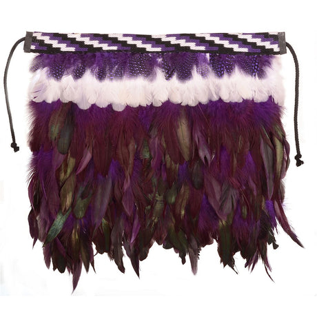 Purple Korowai Christening cloak, hand-made in New Zealand with feathers and Poutama taniko band, perfect for special occasions.