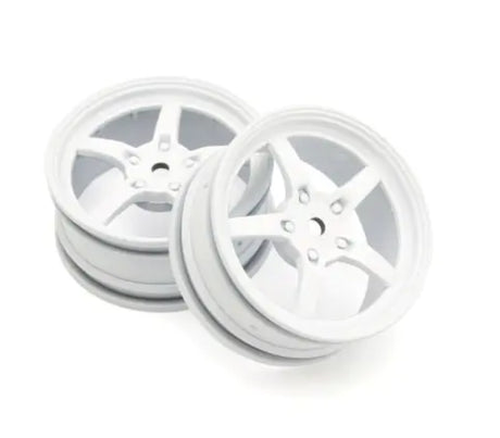 Kyosho 1/10 scale 5-spoke white racing wheels, 24mm, designed for durability and improved cooling, sold in pairs.