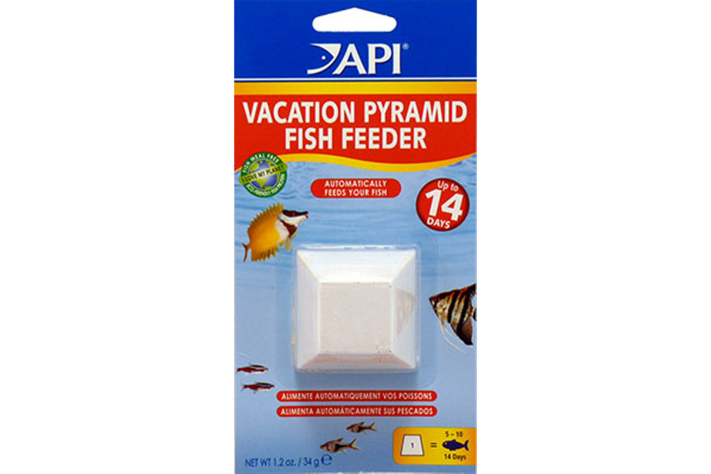 Automatic pyramid-shaped fish feeder providing nutritious food for 15-20 fish for up to 14 days in fresh or saltwater aquariums.