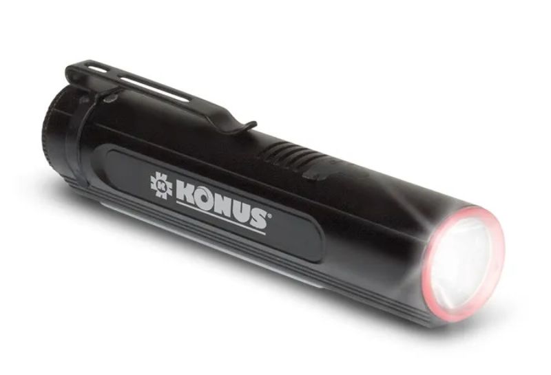 Compact KONUSLIGHT 2K Rechargeable Torch with 1000-2000 lumens, side lantern, magnetic base, and metal clip.