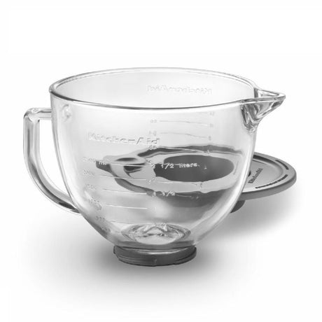 4.7L durable glass mixing bowl for KitchenAid tilt-head mixers, featuring measurement markings and a matching lid for freshness.