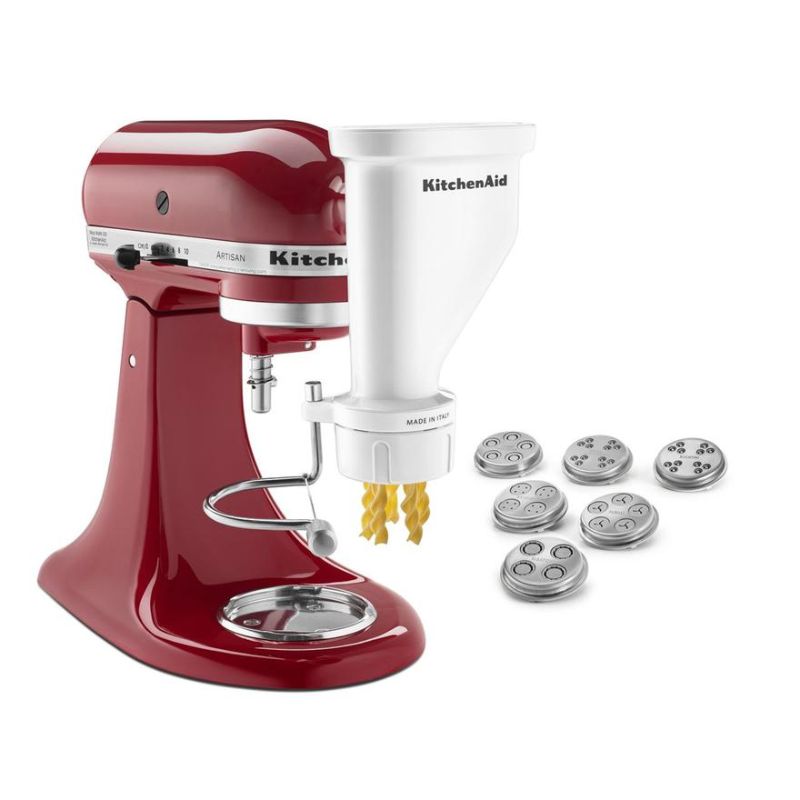 KitchenAid Gourmet Pasta Press Attachment for fresh homemade pasta, featuring six interchangeable discs for versatile shapes.