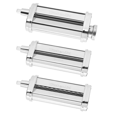 KitchenAid 3 Piece Pasta Roller and Cutter Set, including roller, spaghetti, and fettuccine cutters for homemade pasta.