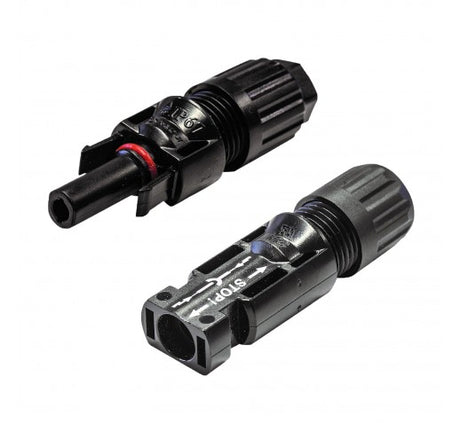 MC4 Male/Female twin pack connectors with pins for reliable solar panel connections, TUV certified, temperature resistant.