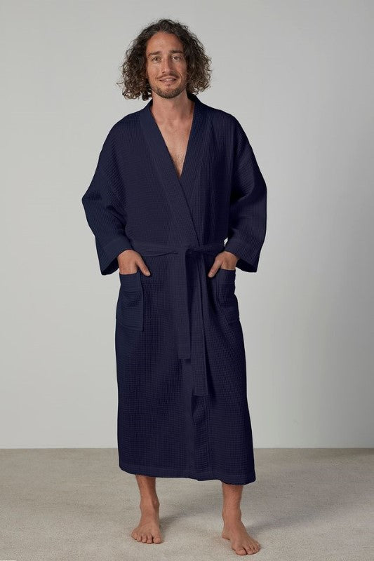 Navy 50/50 Waffle Kimono Robe by BAKSANA, featuring pockets, a waist tie, and made from certified cotton and polyester.