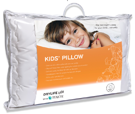 Kids Pillow Drylife Low Loft Tencel: Soft, hypoallergenic pillow with Tencel filling, ideal for ages 2-9, machine washable.