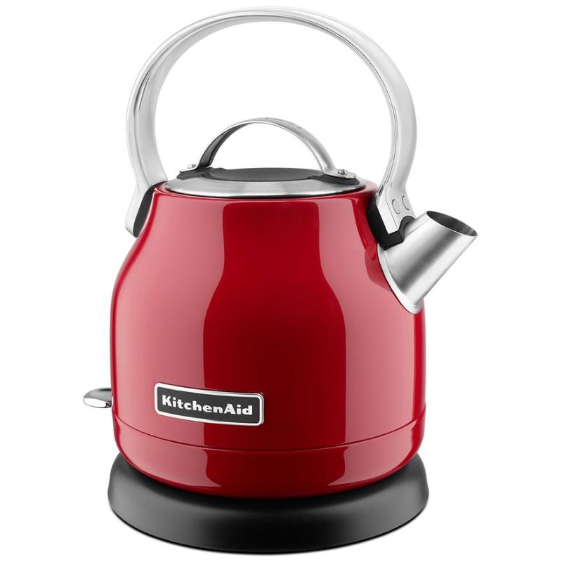 Stylish KitchenAid Artisan Electric Kettle in Empire Red, 1.25L capacity, quick heating, and 360-degree removable base.