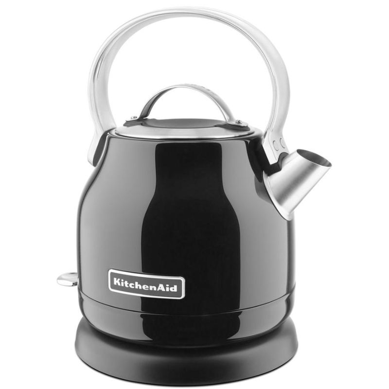 KitchenAid Artisan Electric Kettle KEK1222 in Onyx Black, 1.25L, features a stainless steel body, smooth pouring spout, and 360-degree base.