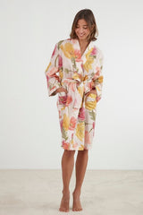 Pink poppy-inspired kimono robe with pockets, waist tie, and 100% breathable cotton, L/XL size by BAKSANA.