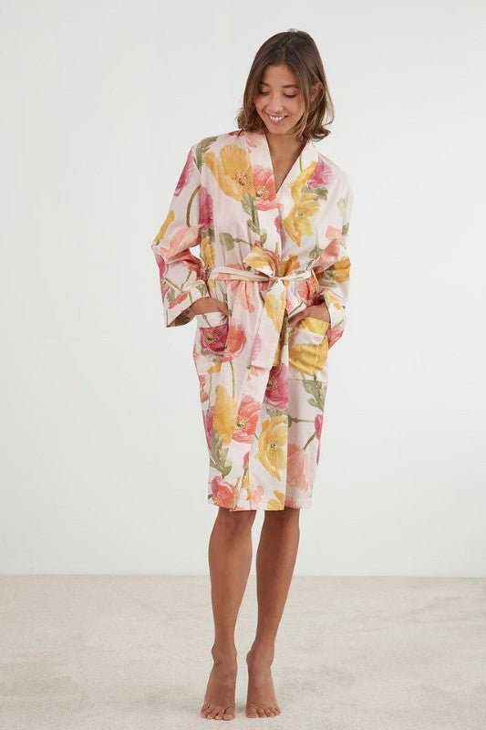 Pink poppy-inspired kimono robe with pockets, waist tie, and 100% breathable cotton, L/XL size by BAKSANA.