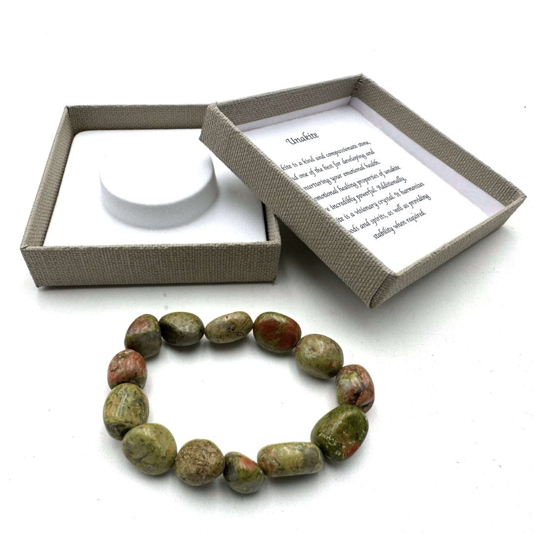 Large beaded bracelet made of Dark Unakite, featuring 14 x 11mm beads, promoting emotional balance and personal growth.