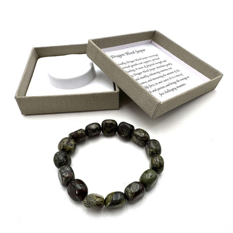 Large beaded bracelet featuring authentic Dragon Blood Jasper with unique green and red patterns, promoting balance and strength.