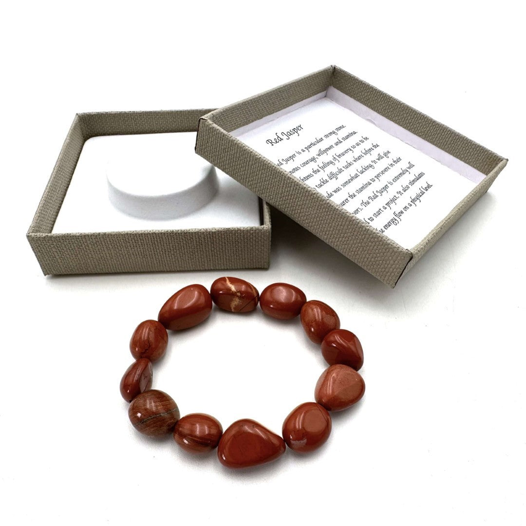 Large beaded bracelet made of natural Red Jasper gemstones, 14 x 11mm, promotes emotional balance and creativity.