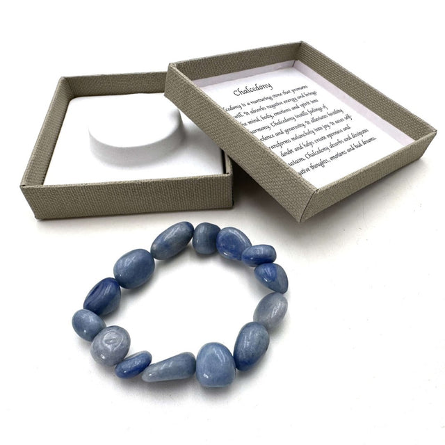 Large beaded bracelet made of deep blue chalcedony gemstones, perfect for elegant and casual wear.