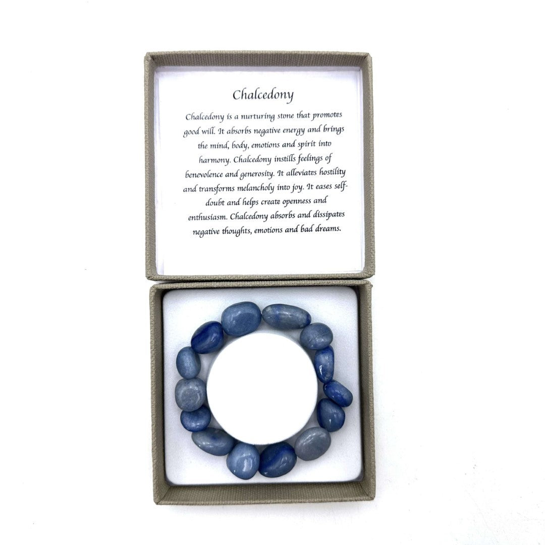 Large beaded bracelet featuring deep blue chalcedony gemstones, perfect for elevating any outfit with elegance.