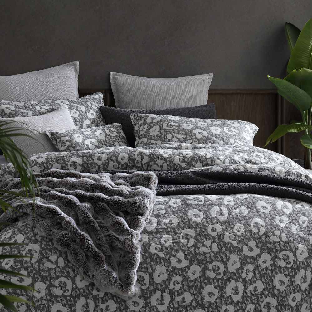 Platinum LEO NIGHT King duvet cover set featuring modern animal print, textured cotton jacquard, and natural color palette.