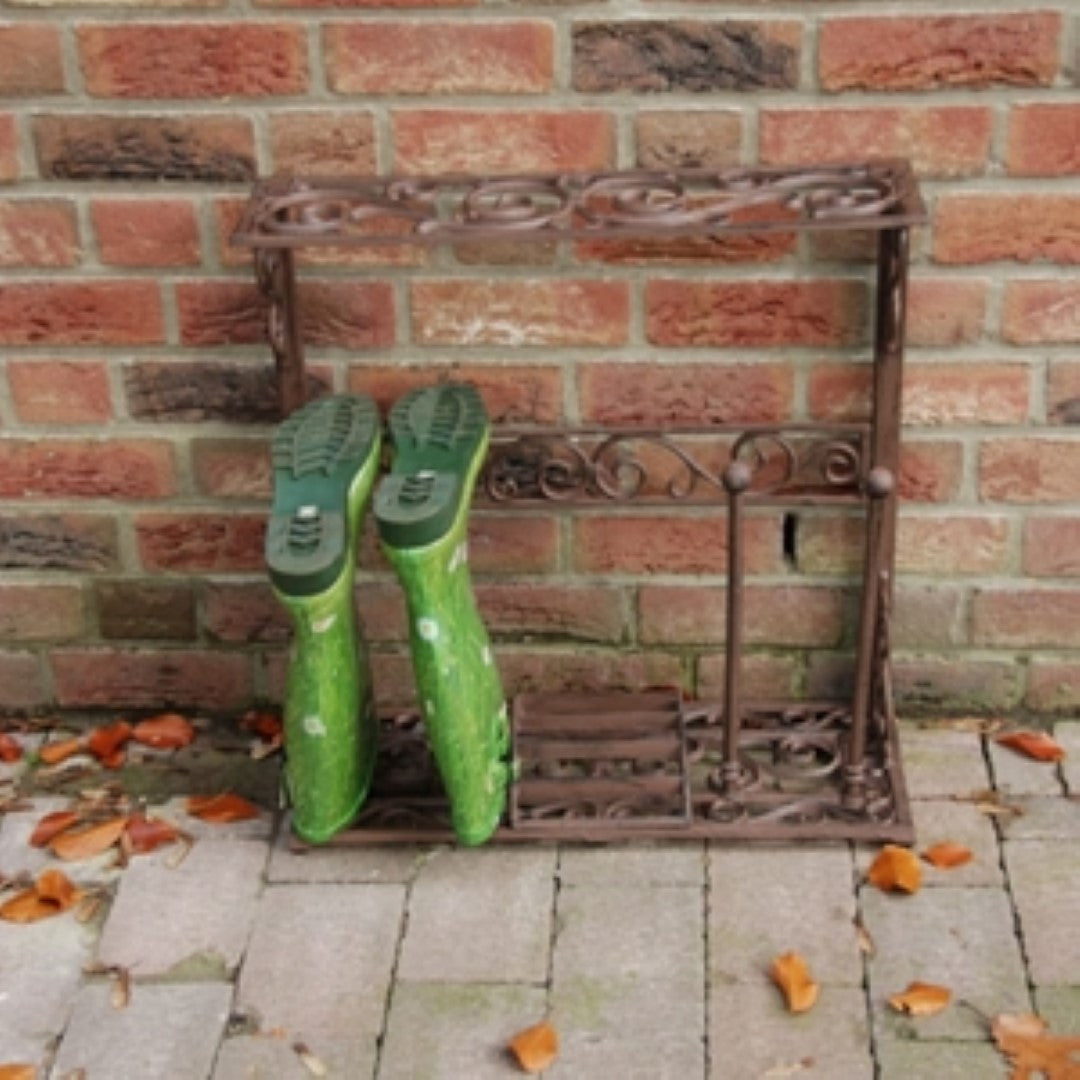 Cast iron small boot rack (60 x 23 x 60cm) for organizing footwear, enhancing decor with rustic charm and durability.