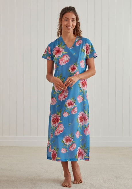 Lightweight long nightie by BAKSANA in Small, with capped sleeves, side split, made from OEKO-TEX® certified cotton.