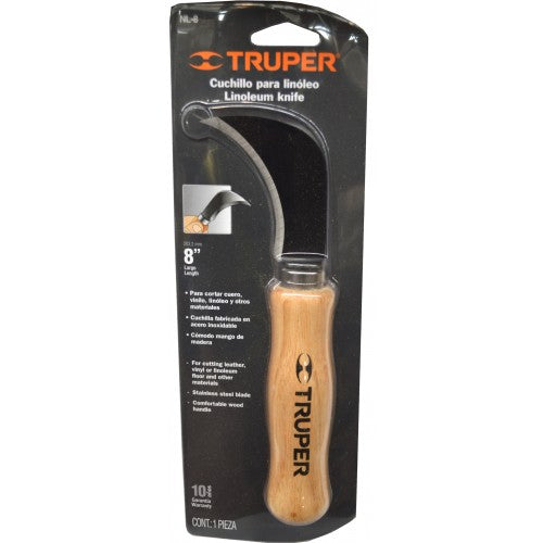 Truper Lino Knife with ergonomic wood handle and 7.5-inch stainless steel blade for precise cutting of various materials.