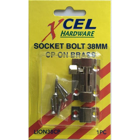 Chrome-plated 38mm brass socket bolts for secure door installation, ideal for residential and commercial use with mounting screws included.