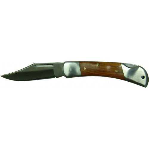 Pocket knife with a 65mm locking stainless steel blade and elegant wooden scales, perfect for outdoor and everyday use.