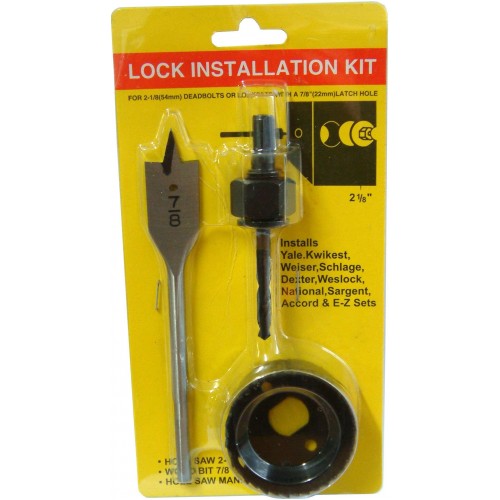 Hole Saws 3-Pce Lock Installation Kit #M71114 with durable steel, includes 54mm hole saw, spade bit for precise lock installations.