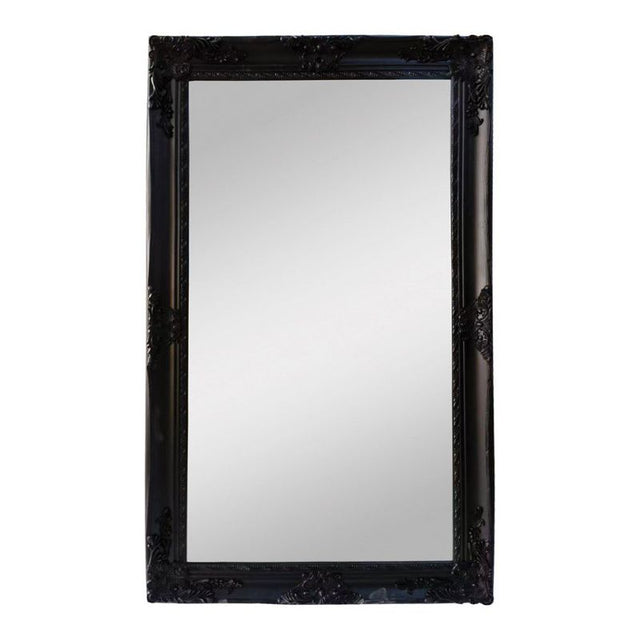 Elegant black antique ornate leaner mirror, 1.7m x 91.4cm, perfect for enhancing any room's decor.