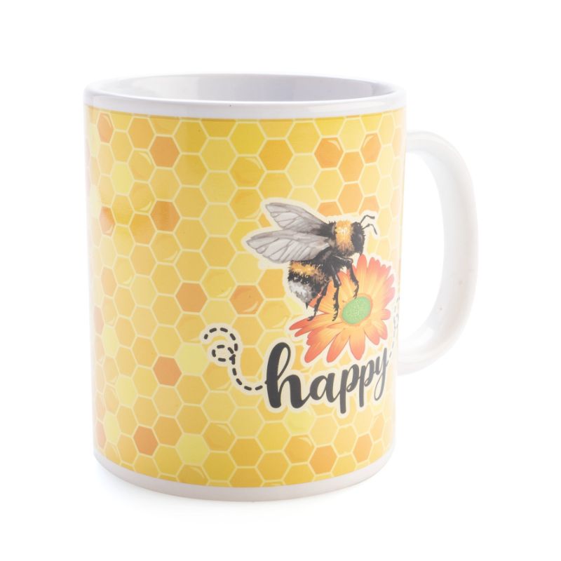 JoyBee Ceramic Mug featuring an enchanting bee design on a glossy honeycomb background, perfect for cheerful sipping.