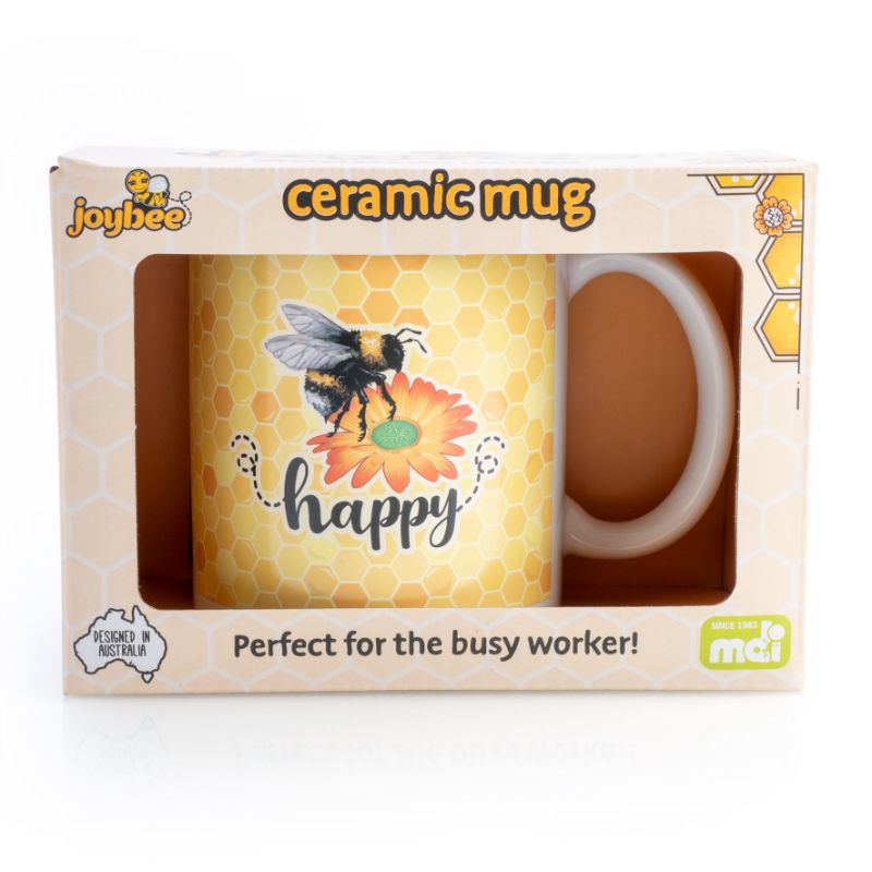 Ceramic mug with a cheerful bee design and golden honeycomb, perfect for enjoying coffee, tea, or hot chocolate.