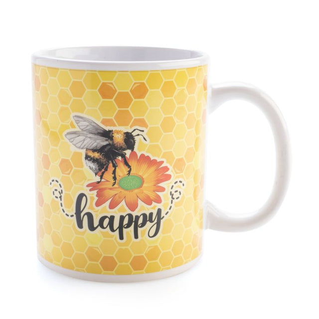 JoyBee Ceramic Mug featuring a cheerful bee design on a glossy honeycomb background, perfect for enjoying your favorite drinks.