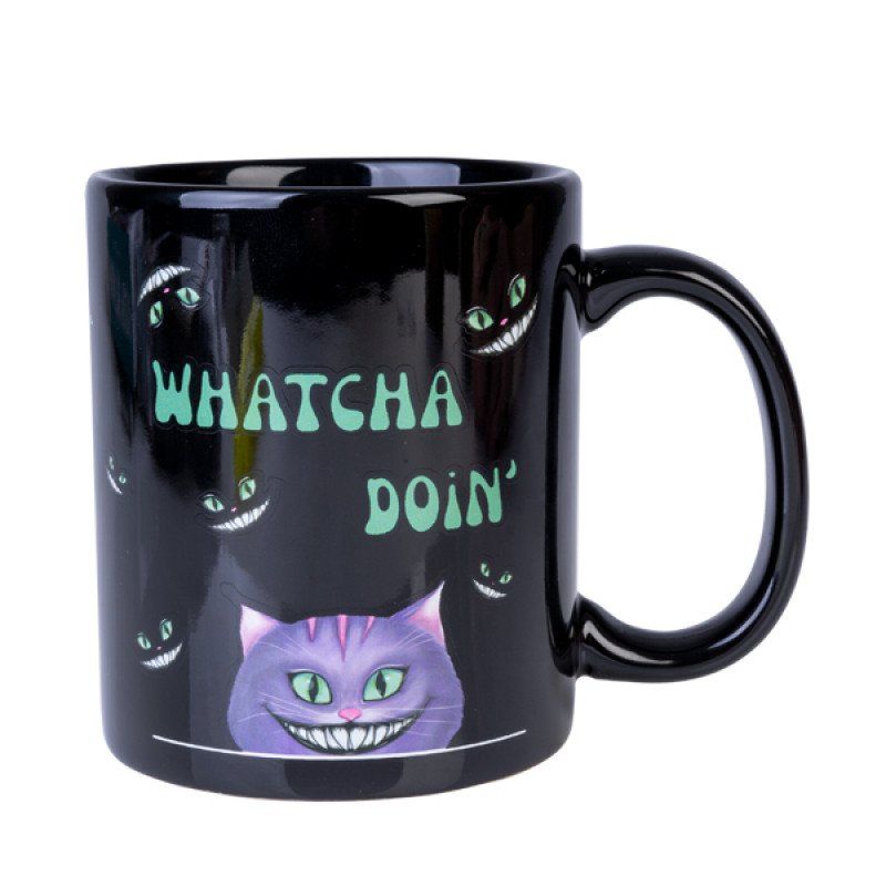 Cheerful ceramic coffee mug featuring a quirky mad cat design with playful grinning faces, perfect for cat lovers.