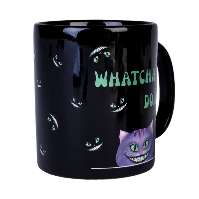 Ceramic coffee mug featuring a quirky mad cat design and grinning faces, perfect for adding whimsy to your beverage experience.