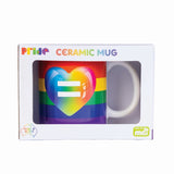 Colorful ceramic coffee mug with a rainbow heart design, celebrating love and diversity, perfect for LGBTQ+ pride.