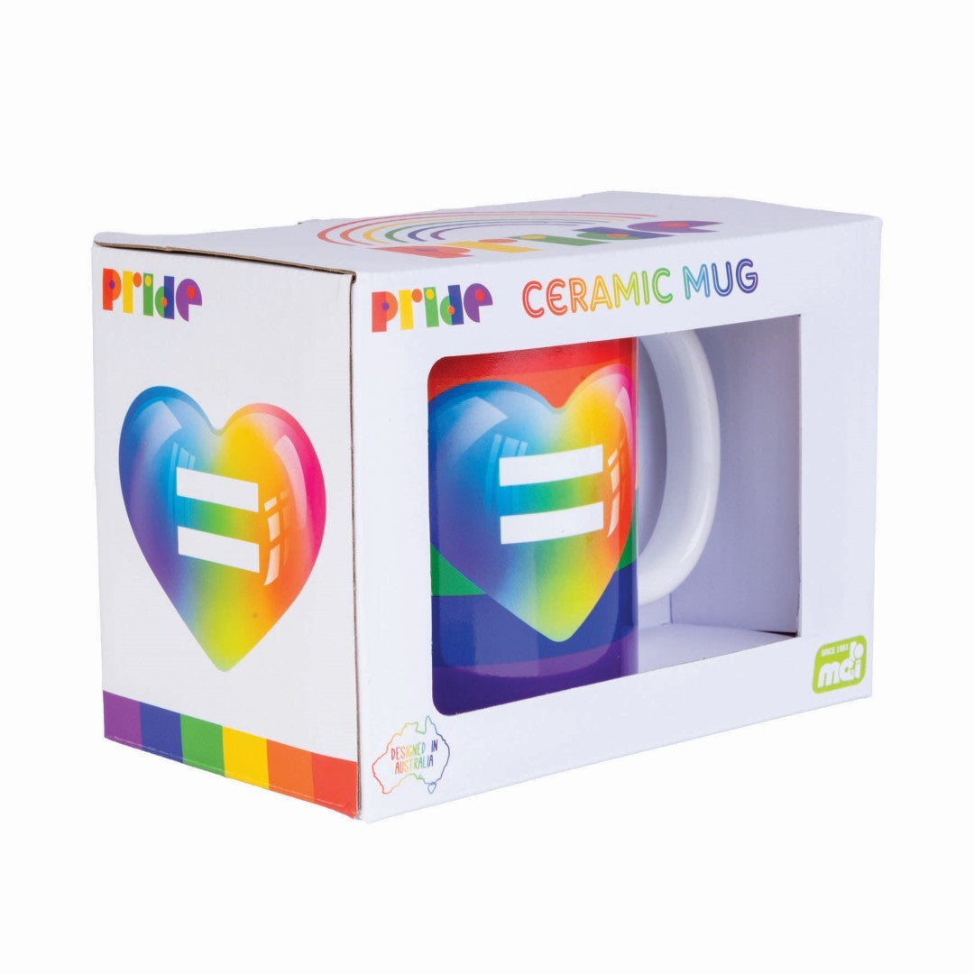 Colorful ceramic Rainbow Pride mug with a vibrant heart design, perfect for celebrating love and diversity.