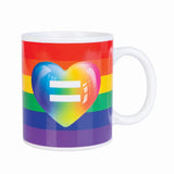 Ceramic coffee mug featuring a vibrant rainbow heart design, symbolizing love and diversity, perfect for sipping beverages.