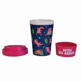 Eco-friendly bamboo cup featuring pink axolotls on a dark blue background, with a pink anti-spill lid and silicone band.