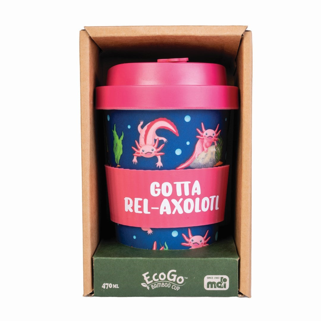 Eco-to-Go Bamboo Cup featuring cute axolotls, biodegradable, BPA-free, with pink lid and silicone band, perfect for eco-friendly use.