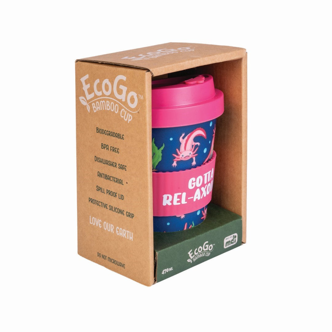 Eco-to-Go Bamboo Cup featuring cute pink axolotls on a blue background, ideal for eco-friendly travel and drinks.