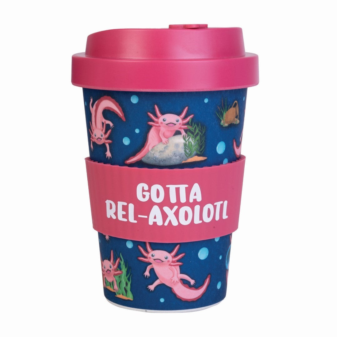 Eco-to-Go Bamboo Cup featuring cute axolotls, biodegradable, BPA-free, with a pink lid and silicone band, ideal for eco-friendly use.