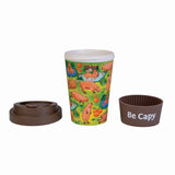 Eco-to-Go Bamboo Cup featuring capybaras in a green field, with a brown lid and silicone band for insulation and comfort.