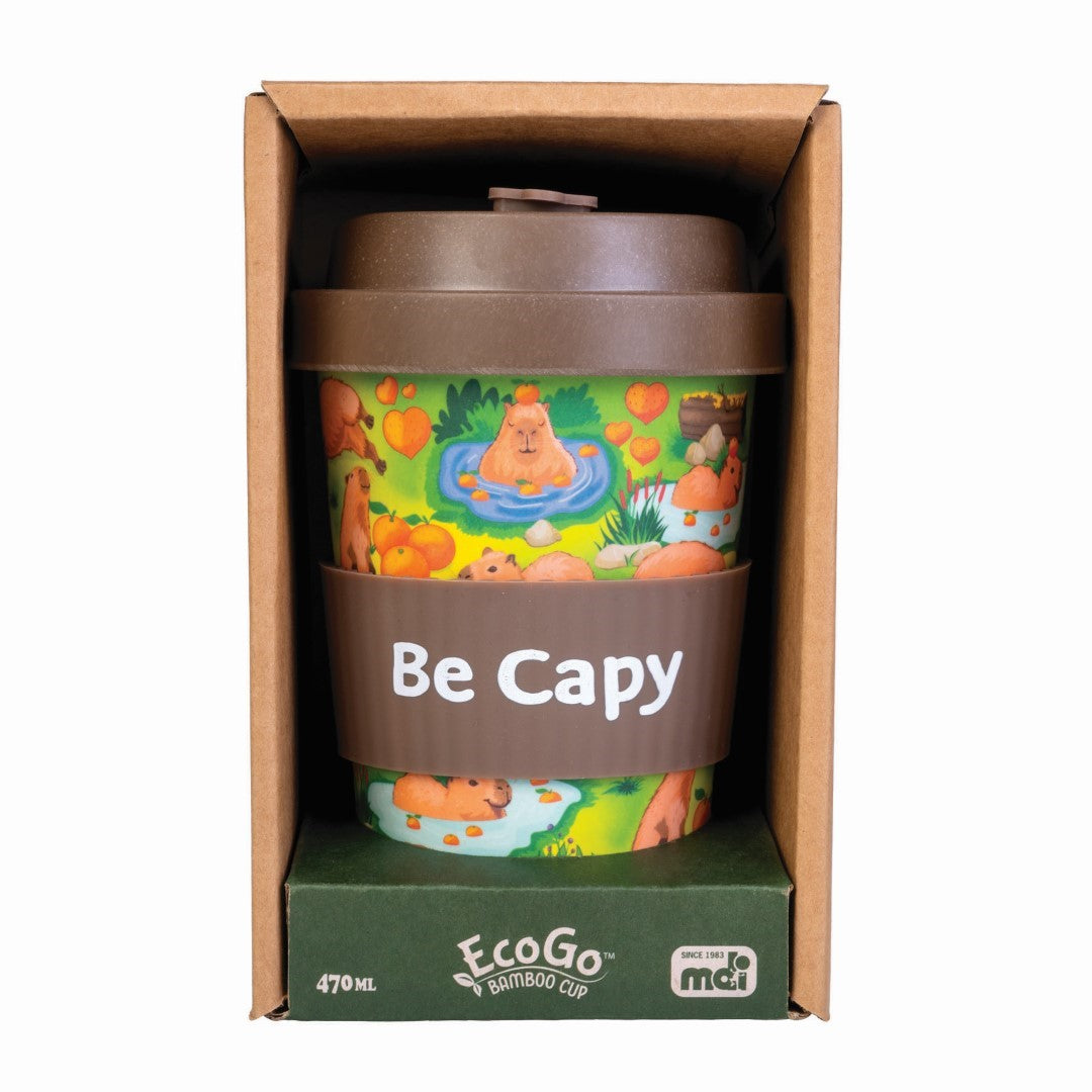 Eco-to-Go Bamboo Cup featuring playful capybaras, biodegradable and BPA-free, with an anti-spill lid and silicone grip.