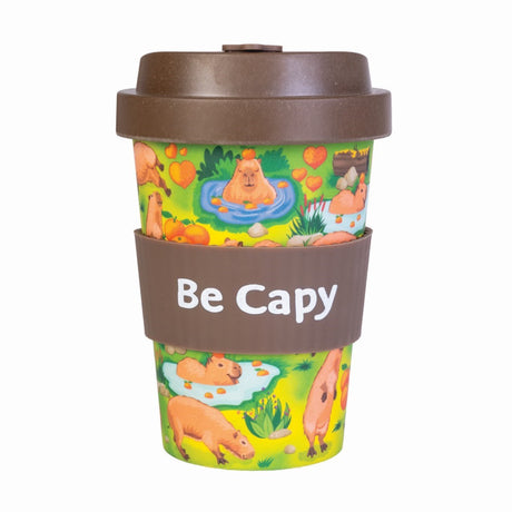 Eco-to-Go Bamboo Cup featuring capybaras in a green field, biodegradable, BPA free, with anti-spill lid and silicone grip.