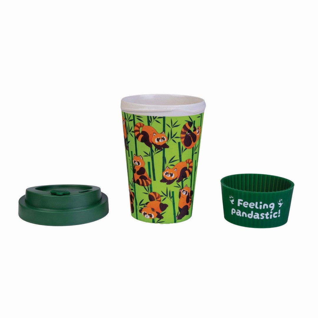 Eco-to-Go Bamboo Cup featuring playful red pandas, eco-friendly design, BPA-free, with green lid and silicone band.