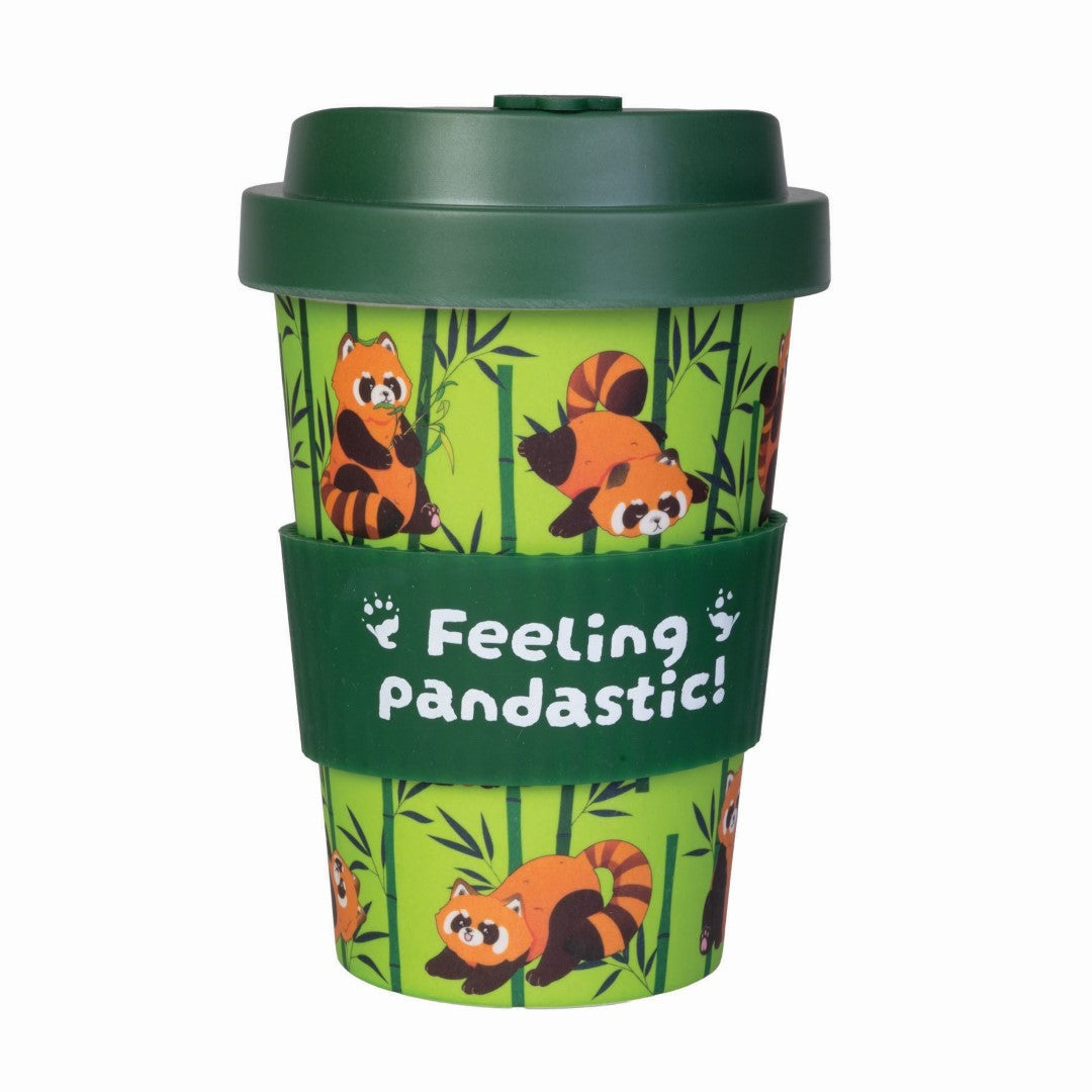 Sustainable bamboo travel cup featuring cute red pandas, BPA-free, with spill-proof lid and silicone band. Perfect for eco-conscious sipping.